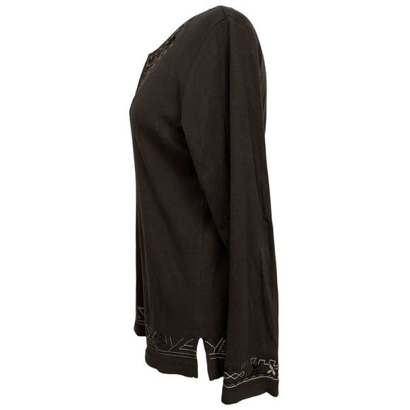 Chico's Embroidered & Beaded Pullover V-Neck Pullover Top 100% Cotton Bark Brown - Picture 4 of 6